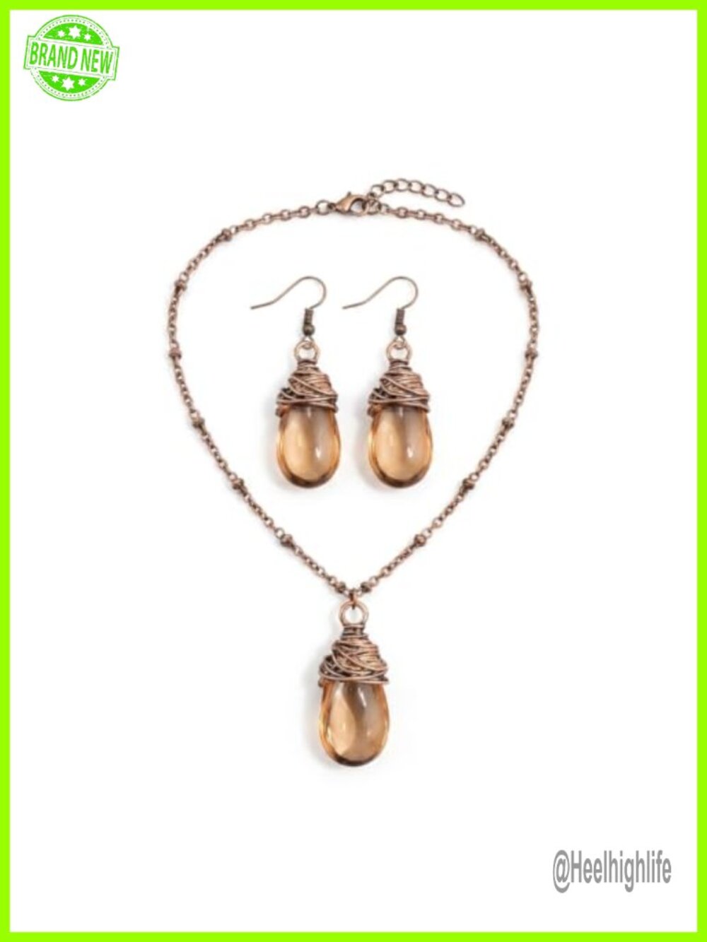 Amber Teardrop Necklace Earrings Jewelry Set Boho Western Gift